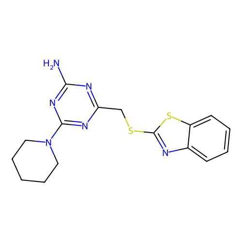 4-(Benzothiazol-2-ylsulfanylmethyl)-6-piperidin-1-yl-[1,3,5]triazin-2-ylamine structure