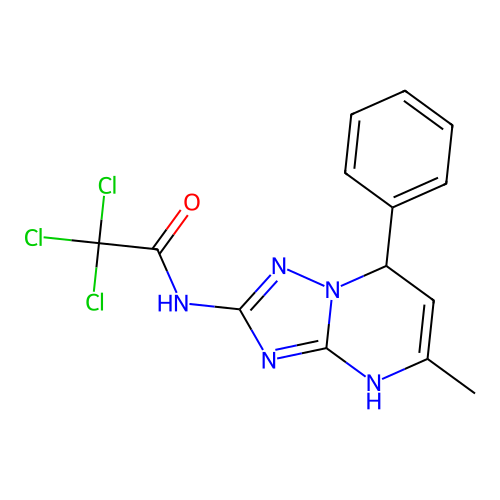 2,2,2-trichloro-N-(5-methyl-7-phenyl-1,7-dihydro-[1,2,4]triazolo[1,5-a]pyrimidin-2-yl)acetamide structure