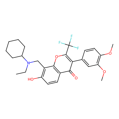 8-{[cyclohexyl(ethyl)amino]methyl}-3-(3,4-dimethoxyphenyl)-7-hydroxy-2-(trifluoromethyl)-4H-chromen-4-one structure