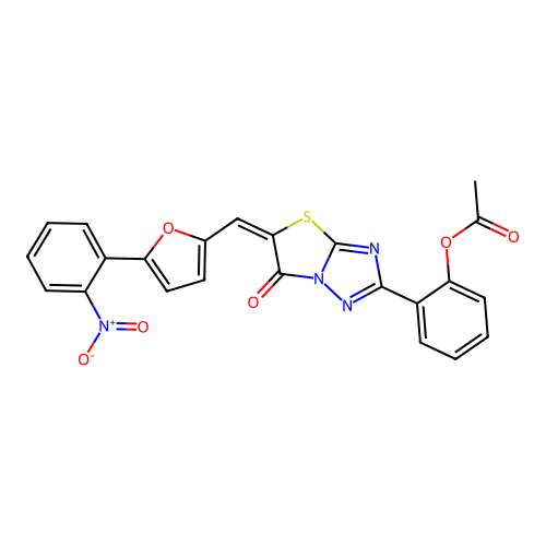 (E)-2-(5-((5-(2-nitrophenyl)furan-2-yl)methylene)-6-oxo-5,6-dihydrothiazolo[3,2-b][1,2,4]triazol-2-yl)phenyl acetate structure