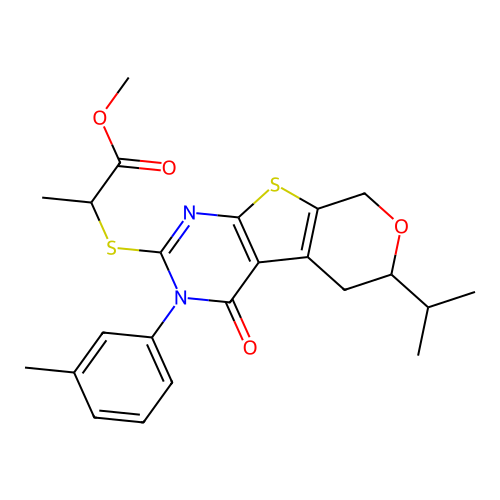 methyl 2-((6-isopropyl-4-oxo-3-(m-tolyl)-4,5,6,8-tetrahydro-3H-pyrano[4',3':4,5]thieno[2,3-d]pyrimidin-2-yl)thio)propanoate structure