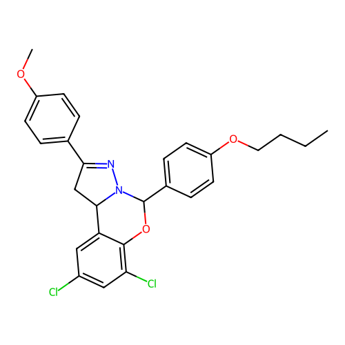 5-(4-butoxyphenyl)-7,9-dichloro-2-(4-methoxyphenyl)-1,10b-dihydropyrazolo[1,5-c][1,3]benzoxazine structure