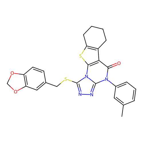 1-((benzo[d][1,3]dioxol-5-ylmethyl)thio)-4-(m-tolyl)-6,7,8,9-tetrahydrobenzo[4,5]thieno[3,2-e][1,2,4]triazolo[4,3-a]pyrimidin-5(4H)-one structure