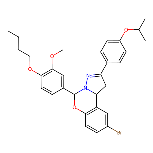 9-bromo-5-(4-butoxy-3-methoxyphenyl)-2-(4-isopropoxyphenyl)-5,10b-dihydro-1H-benzo[e]pyrazolo[1,5-c][1,3]oxazine structure