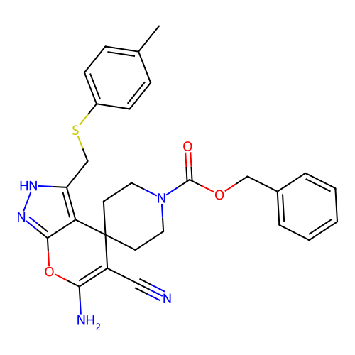 benzyl 6'-amino-5'-cyano-3'-((p-tolylthio)methyl)-2'H-spiro[piperidine-4,4'-pyrano[2,3-c]pyrazole]-1-carboxylate structure