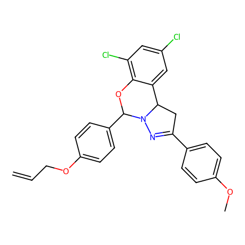 7,9-dichloro-2-(4-methoxyphenyl)-5-[4-(prop-2-en-1-yloxy)phenyl]-1,10b-dihydropyrazolo[1,5-c][1,3]benzoxazine structure