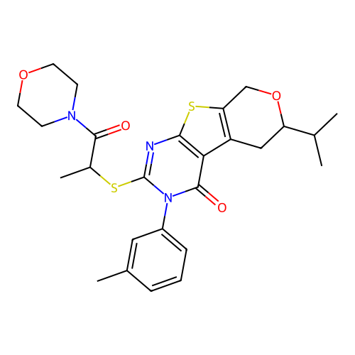 3-(3-methylphenyl)-2-{[1-(morpholin-4-yl)-1-oxopropan-2-yl]sulfanyl}-6-(propan-2-yl)-3,5,6,8-tetrahydro-4H-pyrano[4',3':4,5]thieno[2,3-d]pyrimidin-4-one structure
