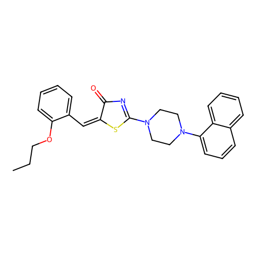 (E)-2-(4-(naphthalen-1-yl)piperazin-1-yl)-5-(2-propoxybenzylidene)thiazol-4(5H)-one structure
