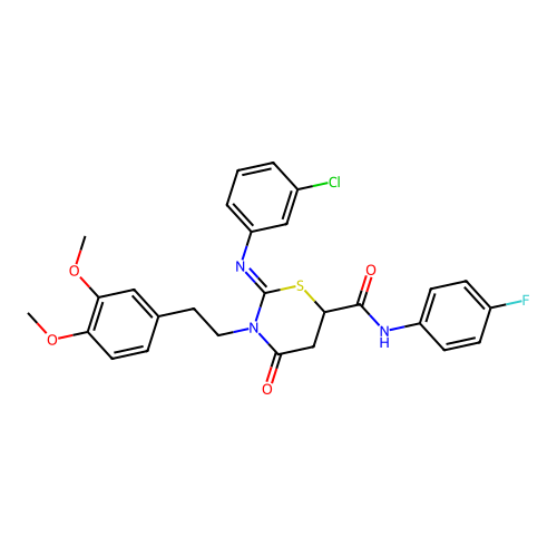 (2Z)-2-[(3-chlorophenyl)imino]-3-[2-(3,4-dimethoxyphenyl)ethyl]-N-(4-fluorophenyl)-4-oxo-1,3-thiazinane-6-carboxamide structure