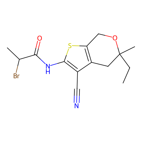 2-bromo-N-(3-cyano-5-ethyl-5-methyl-4,7-dihydro-5H-thieno[2,3-c]pyran-2-yl)propanamide structure