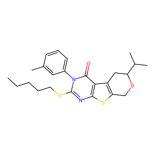3-(3-methylphenyl)-2-(pentylsulfanyl)-6-(propan-2-yl)-3,5,6,8-tetrahydro-4H-pyrano[4',3':4,5]thieno[2,3-d]pyrimidin-4-one structure