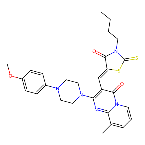 3-[(Z)-(3-butyl-4-oxo-2-thioxo-1,3-thiazolidin-5-ylidene)methyl]-2-[4-(4-methoxyphenyl)piperazin-1-yl]-9-methyl-4H-pyrido[1,2-a]pyrimidin-4-one structure
