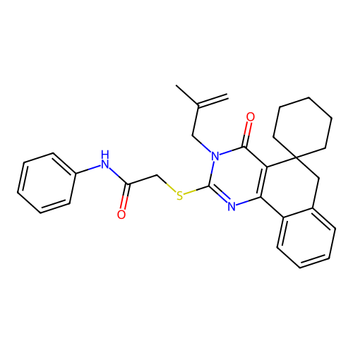 2-((3-(2-methylallyl)-4-oxo-4,6-dihydro-3H-spiro[benzo[h]quinazoline-5,1'-cyclohexan]-2-yl)thio)-N-phenylacetamide structure