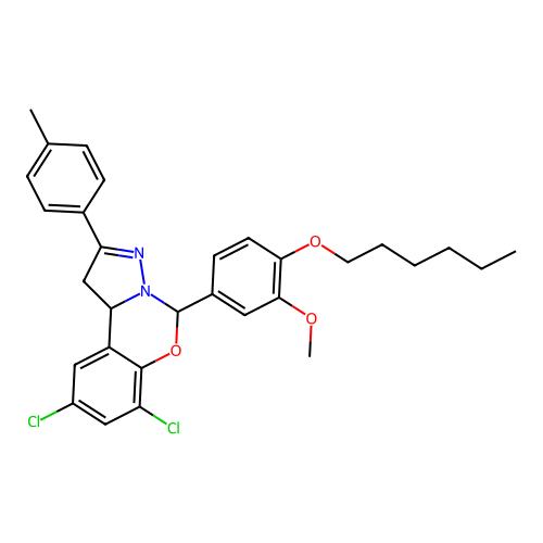 4-[2,4-dichloro-9-(4-methylphenyl)(6H,10aH-benzo[e]2-pyrazolino[1,5-c]1,3-oxaz in-6-yl)]-1-hexyloxy-2-methoxybenzene structure
