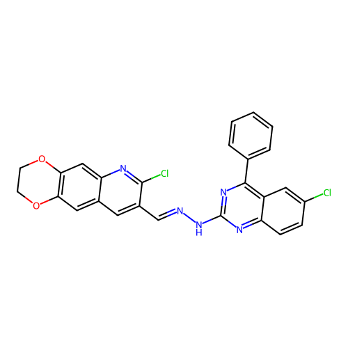 (E)-7-chloro-8-((2-(6-chloro-4-phenylquinazolin-2-yl)hydrazono)methyl)-2,3-dihydro-[1,4]dioxino[2,3-g]quinoline structure