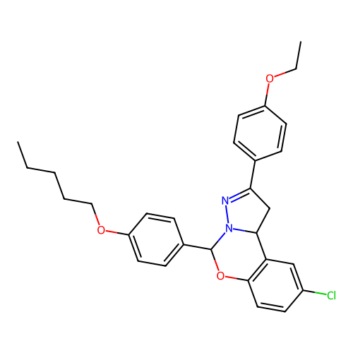 1-[2-chloro-6-(4-pentyloxyphenyl)(6H,10aH-benzo[e]2-pyrazolino[1,5-c]1,3-oxazi n-9-yl)]-4-ethoxybenzene structure