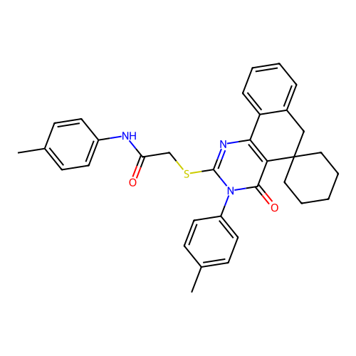 2-((4-oxo-3-(p-tolyl)-4,6-dihydro-3H-spiro[benzo[h]quinazoline-5,1'-cyclohexan]-2-yl)thio)-N-(p-tolyl)acetamide structure