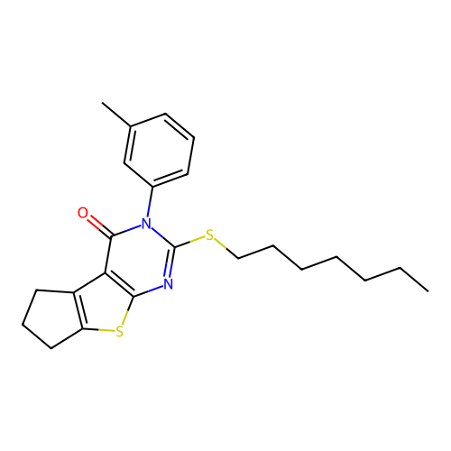 2-(heptylsulfanyl)-3-(3-methylphenyl)-3,5,6,7-tetrahydro-4H-cyclopenta[4,5]thieno[2,3-d]pyrimidin-4-one structure