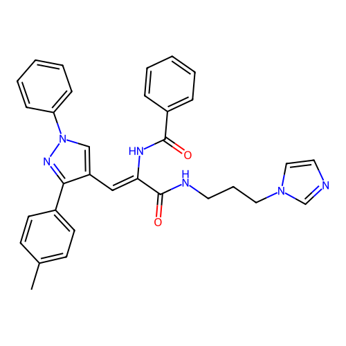 N-{(1Z)-3-{[3-(1H-imidazol-1-yl)propyl]amino}-1-[3-(4-methylphenyl)-1-phenyl-1H-pyrazol-4-yl]-3-oxoprop-1-en-2-yl}benzamide structure