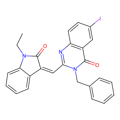 (Z)-3-benzyl-2-((1-ethyl-2-oxoindolin-3-ylidene)methyl)-6-iodoquinazolin-4(3H)-one structure