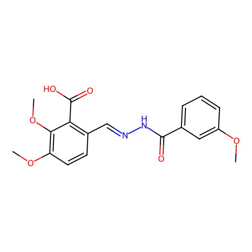 (E)-2,3-dimethoxy-6-((2-(3-methoxybenzoyl)hydrazono)methyl)benzoic acid structure
