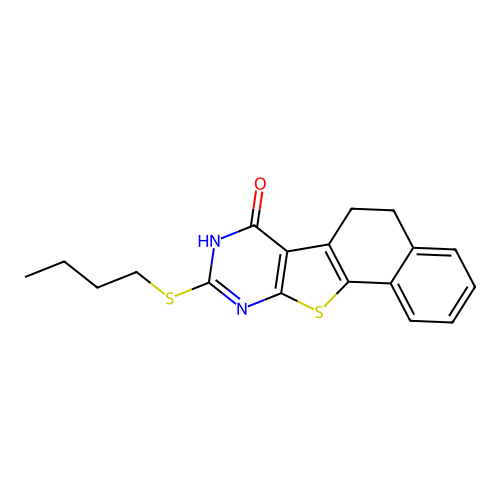 9-(butylthio)-5,6-dihydronaphtho[2',1':4,5]thieno[2,3-d]pyrimidin-7(8H)-one structure