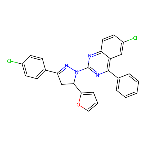 6-chloro-2-[3-(4-chlorophenyl)-5-(2-furyl)-4,5-dihydropyrazol-1-yl]-4-phenyl-quinazoline structure