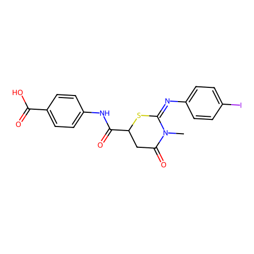 4-[({(2Z)-2-[(4-iodophenyl)imino]-3-methyl-4-oxo-1,3-thiazinan-6-yl}carbonyl)amino]benzoic acid structure