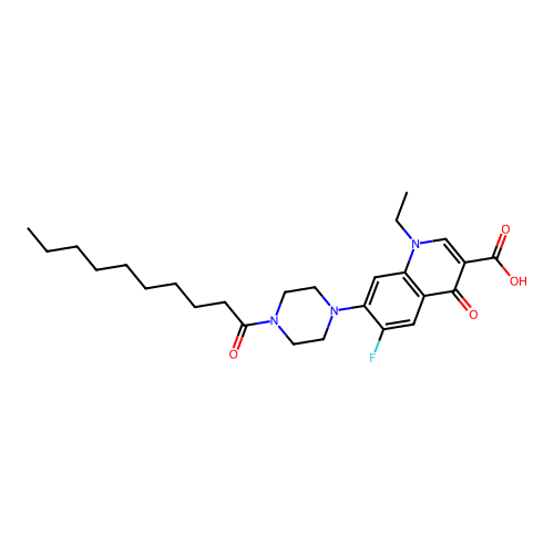 7-(4-decanoylpiperazin-1-yl)-1-ethyl-6-fluoro-4-oxo-1,4-dihydroquinoline-3-carboxylic acid structure