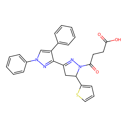 4-(1',4'-diphenyl-5-(thiophen-2-yl)-4,5-dihydro-1H,1'H-[3,3'-bipyrazol]-1-yl)-4-oxobutanoic acid structure