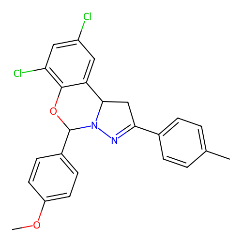 1-[2,4-dichloro-9-(4-methylphenyl)(6H,10aH-benzo[e]2-pyrazolino[1,5-c]1,3-oxaz in-6-yl)]-4-methoxybenzene structure