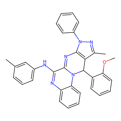 11-(2-methoxyphenyl)-10-methyl-8-phenyl-N-(m-tolyl)-8,11-dihydropyrazolo[3',4':4,5]pyrimido[1,2-a]quinoxalin-6-amine structure