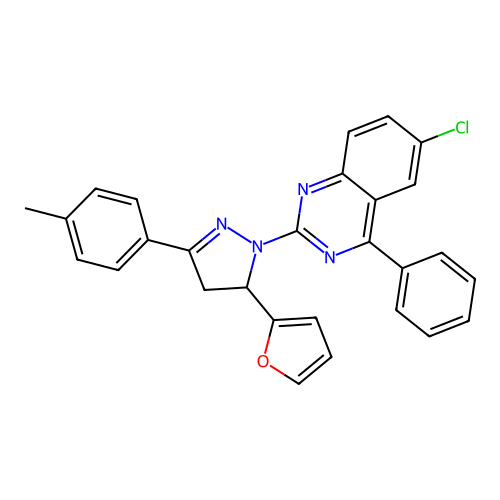 6-chloro-2-(5-(furan-2-yl)-3-(p-tolyl)-4,5-dihydro-1H-pyrazol-1-yl)-4-phenylquinazoline structure