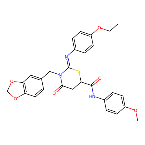 (2Z)-3-(1,3-benzodioxol-5-ylmethyl)-2-[(4-ethoxyphenyl)imino]-N-(4-methoxyphenyl)-4-oxo-1,3-thiazinane-6-carboxamide structure
