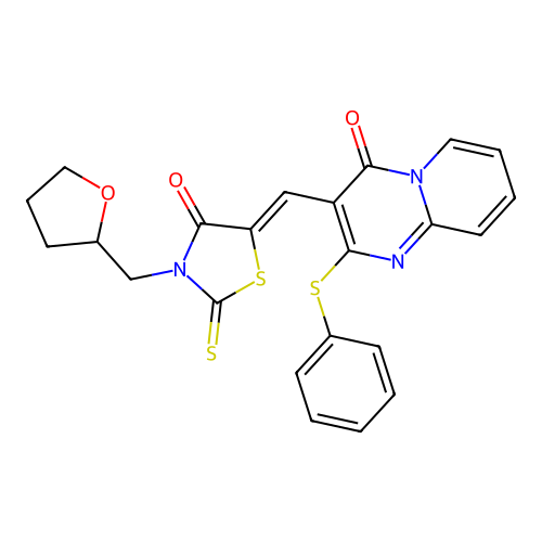 3-{(Z)-[4-oxo-3-(tetrahydrofuran-2-ylmethyl)-2-thioxo-1,3-thiazolidin-5-ylidene]methyl}-2-(phenylsulfanyl)-4H-pyrido[1,2-a]pyrimidin-4-one structure