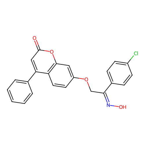 7-[(2E)-2-(4-chlorophenyl)-2-hydroxyiminoethoxy]-4-phenylchromen-2-one structure
