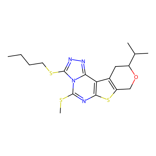 3-(butylsulfanyl)-5-(methylsulfanyl)-10-(propan-2-yl)-10,11-dihydro-8H-pyrano[4',3':4,5]thieno[3,2-e][1,2,4]triazolo[4,3-c]pyrimidine structure