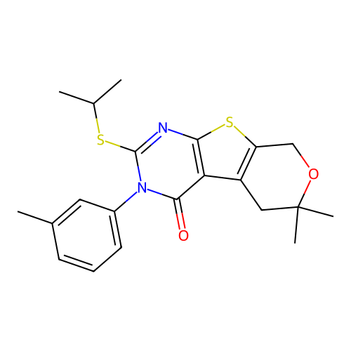 2-(ISOPROPYLSULFANYL)-6,6-DIMETHYL-3-(3-METHYLPHENYL)-3,5,6,8-TETRAHYDRO-4H-PYRANO[4',3':4,5]THIENO[2,3-D]PYRIMIDIN-4-ONE structure