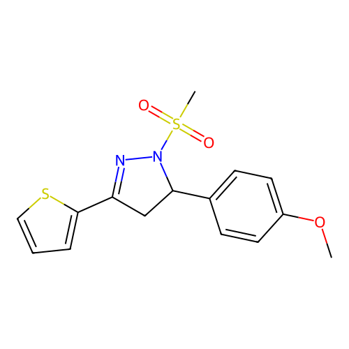 5-(4-methoxyphenyl)-1-(methylsulfonyl)-3-(thiophen-2-yl)-4,5-dihydro-1H-pyrazole structure