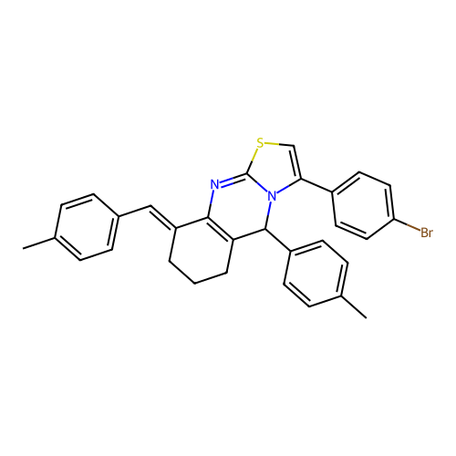 (E)-3-(4-bromophenyl)-9-(4-methylbenzylidene)-5-(p-tolyl)-6,7,8,9-tetrahydro-5H-thiazolo[2,3-b]quinazoline structure
