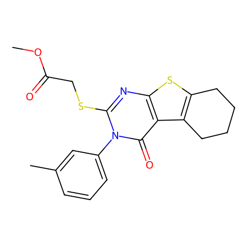 methyl {[3-(3-methylphenyl)-4-oxo-3,4,5,6,7,8-hexahydro[1]benzothieno[2,3-d]pyrimidin-2-yl]sulfanyl}acetate structure