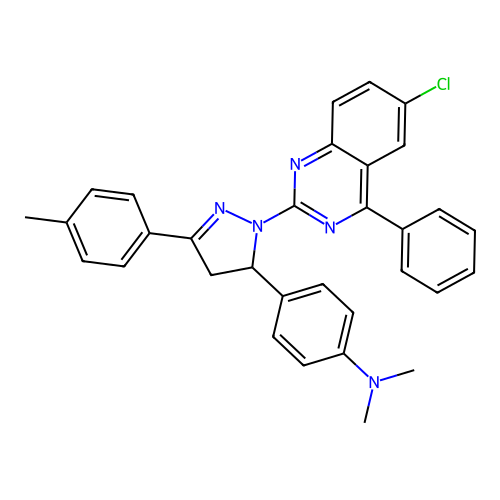 4-(1-(6-chloro-4-phenylquinazolin-2-yl)-3-(p-tolyl)-4,5-dihydro-1H-pyrazol-5-yl)-N,N-dimethylaniline structure
