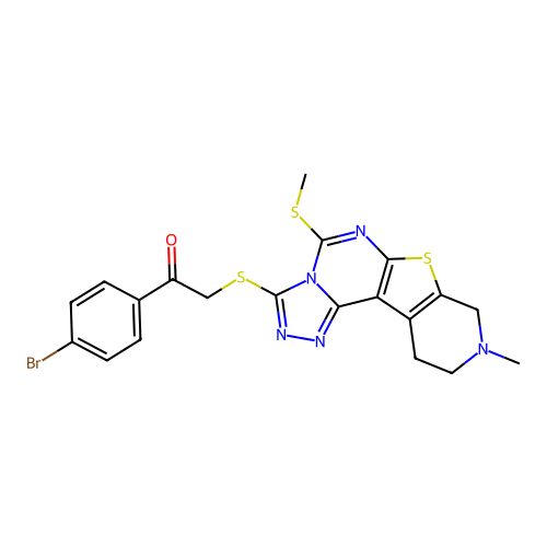 1-(4-bromophenyl)-2-((9-methyl-5-(methylthio)-8,9,10,11-tetrahydropyrido[4',3':4,5]thieno[3,2-e][1,2,4]triazolo[4,3-c]pyrimidin-3-yl)thio)ethanone structure