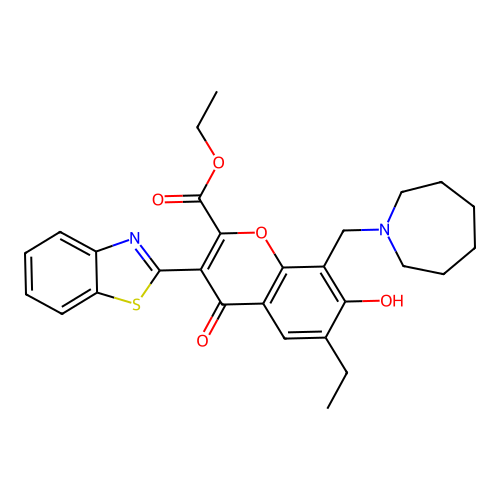 ethyl 8-(azaperhydroepinylmethyl)-3-benzothiazol-2-yl-6-ethyl-7-hydroxy-4-oxoc hromene-2-carboxylate structure