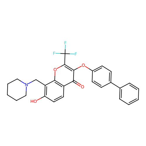 7-hydroxy-3-(4-phenylphenoxy)-8-(piperidin-1-ylmethyl)-2-(trifluoromethyl)chromen-4-one structure