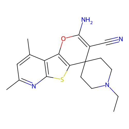 2'-amino-1-ethyl-7',9'-dimethylspiro[piperidine-4,4'-pyrano[2',3':4,5]thieno[2,3-b]pyridine]-3'-carbonitrile structure