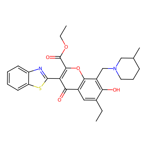 3-Benzothiazol-2-yl-6-ethyl-7-hydroxy-8-(3-methyl-piperidin-1-ylmethyl)-4-oxo-4H-chromene-2-carboxylic acid ethyl ester structure