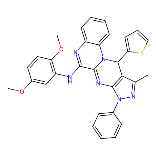N-(2,5-dimethoxyphenyl)-10-methyl-8-phenyl-11-(thiophen-2-yl)-8,11-dihydropyrazolo[3',4':4,5]pyrimido[1,2-a]quinoxalin-6-amine structure