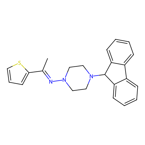 4-(9H-fluoren-9-yl)-N-[(1E)-1-(thiophen-2-yl)ethylidene]piperazin-1-amine structure