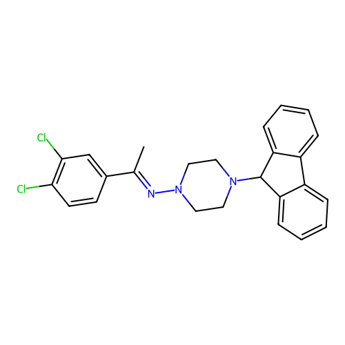 N-[(1E)-1-(3,4-dichlorophenyl)ethylidene]-4-(9H-fluoren-9-yl)piperazin-1-amine structure